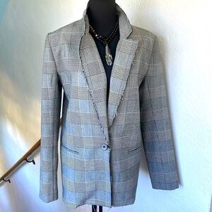 Bailey 44 NWOT Single Button Houndstooth Plaid Black&White Raw Hem Edge Blazer L